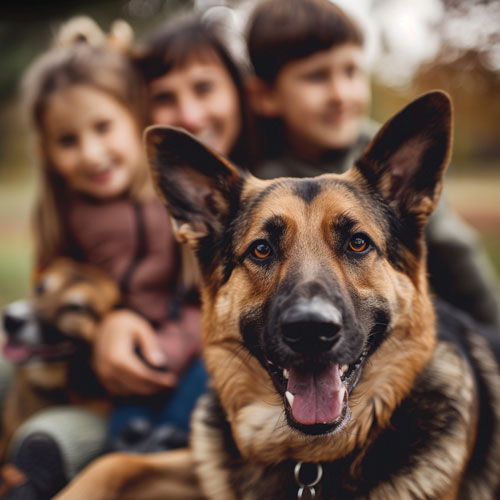 Hausfrau mit Kindern und Hund
